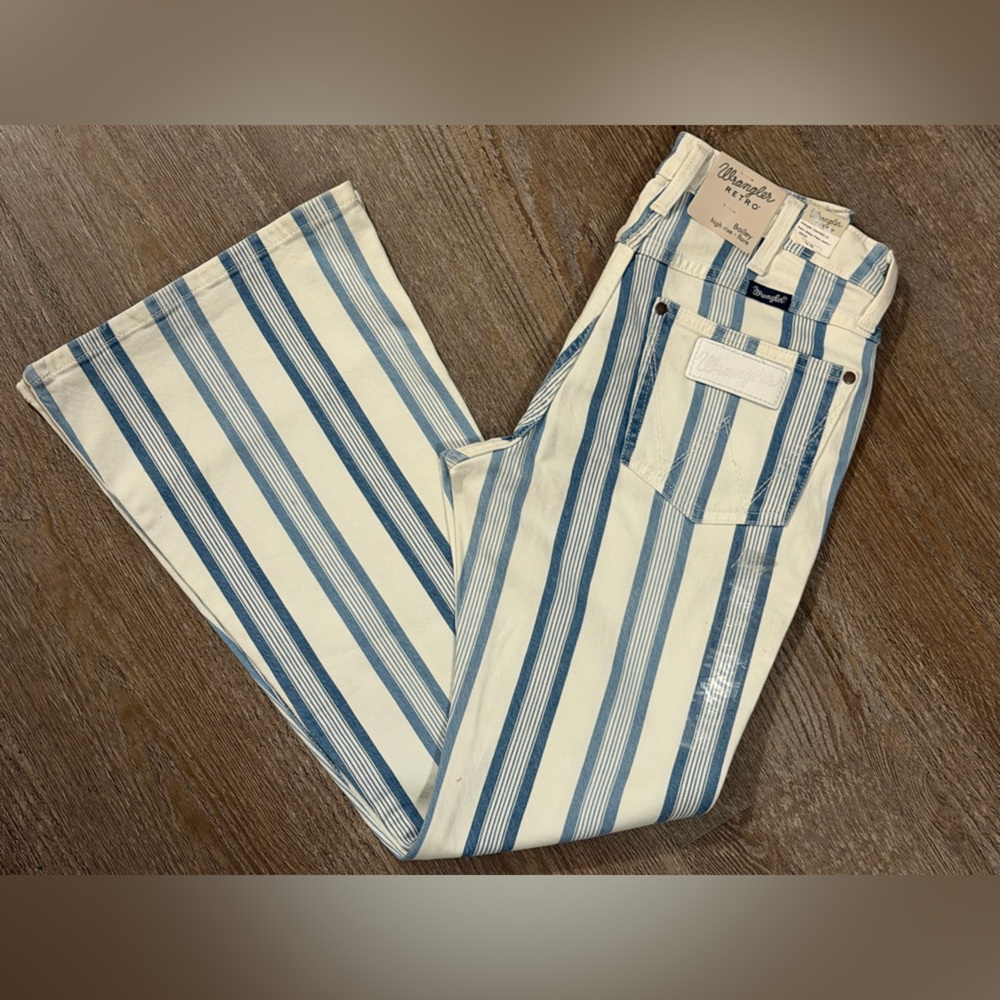 Wrangler Blue and White Striped High-Rise Flare Jeans